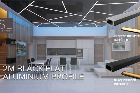 IN STOCK! 2MTR Black Flat Aluminium Profile including frosted / black diffuser, end caps, mounting clips