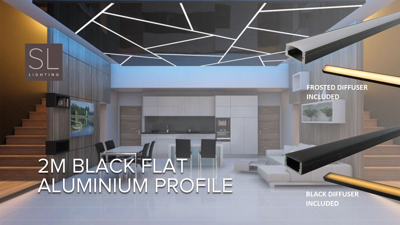 IN STOCK! 2MTR Black Flat Aluminium Profile including frosted / black diffuser, end caps, mounting clips