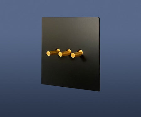 3 Gang 2 Way Toggle Light Switch Brass Gold Toggle with Matt Black Plate Finish Set Product