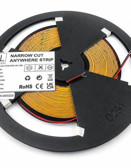 Cut Anywhere Narrow 5mm Nano Coated Indoor Waterproof IP65 COB Strip, 8W/M,5mm Width COB LED Strip, 24V, 528 LEDs/M, 480lm/m, 5mm PCB, 10 Metres/ Reel