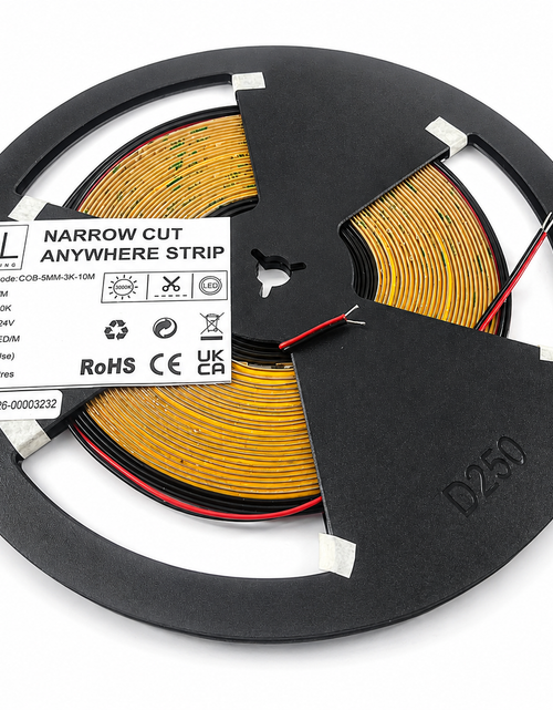 Load image into Gallery viewer, Cut Anywhere Narrow 5mm Nano Coated Indoor Waterproof IP65 COB Strip, 8W/M,5mm Width COB LED Strip, 24V, 528 LEDs/M, 480lm/m, 5mm PCB, 10 Metres/ Reel
