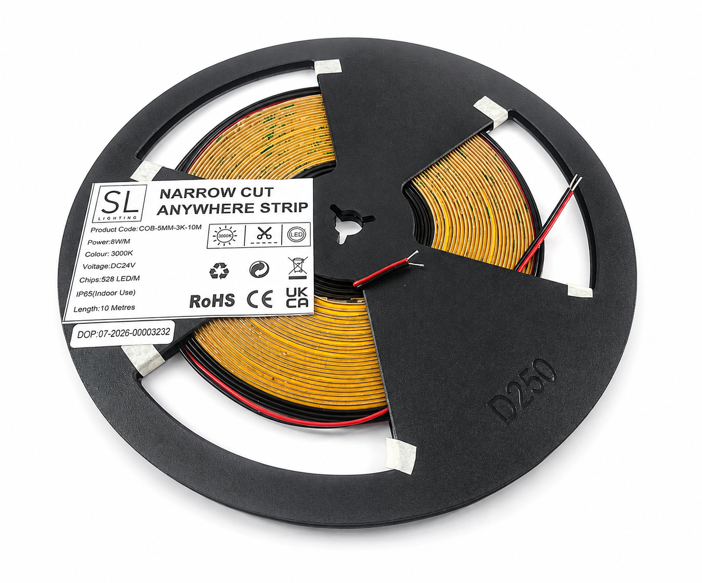 Cut Anywhere Narrow 5mm Nano Coated Indoor Waterproof IP65 COB Strip, 8W/M,5mm Width COB LED Strip, 24V, 528 LEDs/M, 480lm/m, 5mm PCB, 10 Metres/ Reel