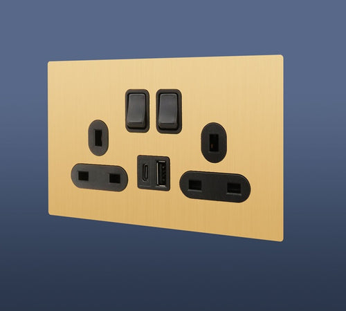 Load image into Gallery viewer, 13A MF DOUBLE GOLD SWITCH SOCKET WITH USB &amp; USB C
