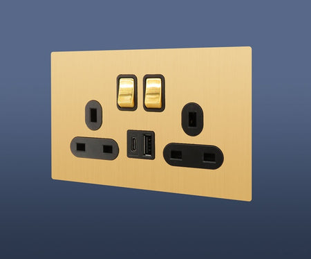 13A MF DOUBLE BLACK SWITCH SOCKET WITH USB & USB C