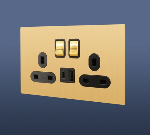 Load image into Gallery viewer, 13A MF DOUBLE GOLD SWITCH SOCKET WITH USB &amp; USB C
