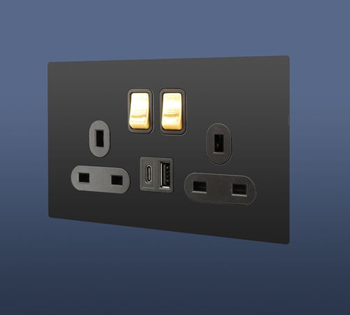 Load image into Gallery viewer, 13A MF DOUBLE BLACK SWITCH SOCKET WITH USB &amp; USB C
