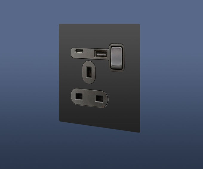 13A MF SINGLE BLACK SWITCH SOCKET WITH USB & USB C