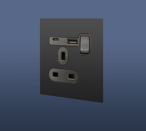 Load image into Gallery viewer, 13A MF SINGLE BLACK SWITCH SOCKET WITH USB &amp; USB C
