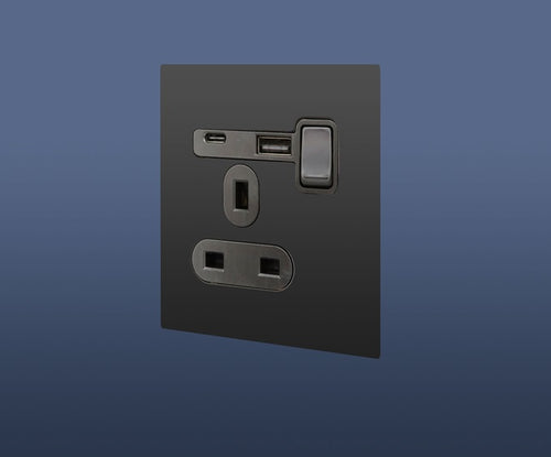 Load image into Gallery viewer, 13A MF SINGLE BLACK SWITCH SOCKET WITH USB &amp; USB C
