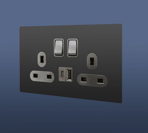 Load image into Gallery viewer, 13A MF DOUBLE BLACK SWITCH SOCKET WITH USB &amp; USB C
