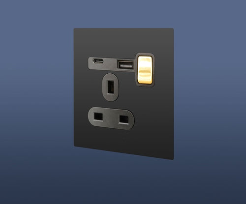 Load image into Gallery viewer, 13A MF SINGLE BLACK SWITCH SOCKET WITH USB &amp; USB C
